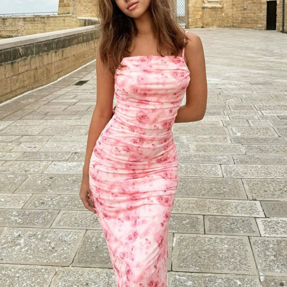 ZARA Summer Sexy Printed Spaghetti Strap Sleeveless Bodycon Maxi Dress